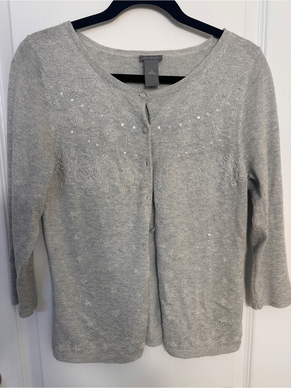 Ann Taylor Women’s M Silver Gray Beaded Sequin Metallic Cardigan Sweater